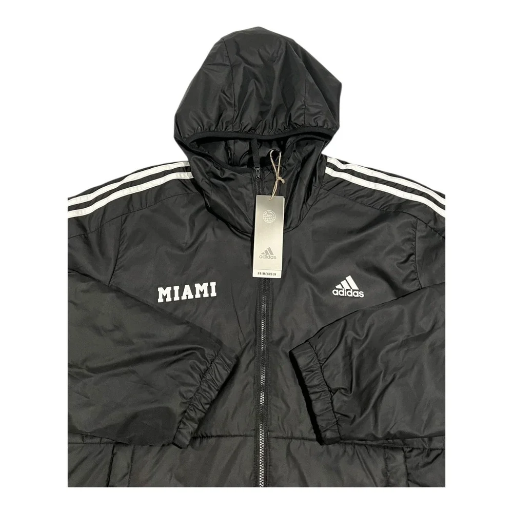 NWT Adidas Miami Men's L Black Full-Zip‎ Hooded Jacket White Stripes Logo